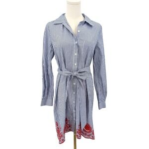 Elaine Turner Nautical Stripe Shirt Dress Cotton Embroidered Medium Coastal